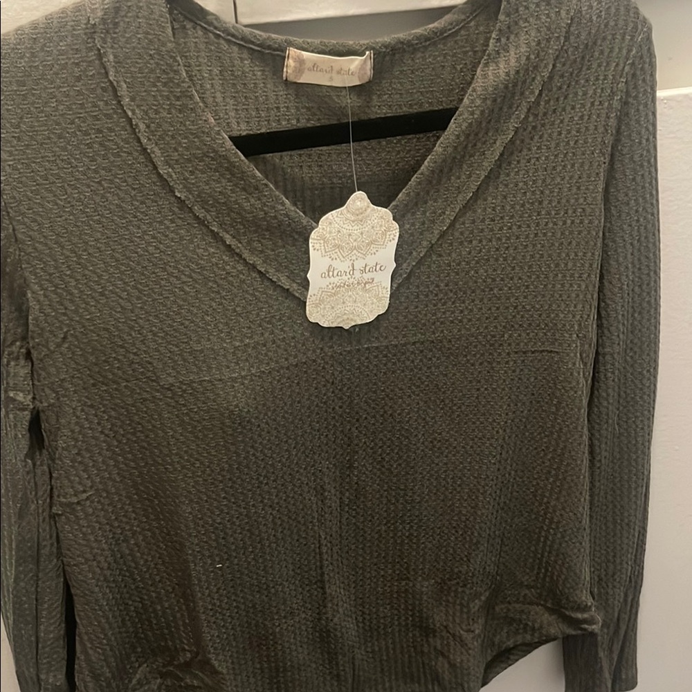 Altar'd State Green Ribbed Long Sleeve Blouse